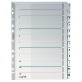 Leitz Register für A4, Laminiertes Deckblatt und 12 Trennblätter mit Zahlenaufdruck 1-12, Lochrand und Taben folienverstärkt, Überbreite, Grau, Karton, 43320000
