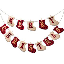 TELAIN Merry Christmas Jute Banner, Sock-Shaped Christmas Decoration for Hanging, Rustic Christmas Decoration for Indoor and Outdoor Use, Fireplace Decoration, Christmas Party Supplies