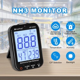 H HOLDPEAK Ammonia Gas Meter Detector, NH3 Gas Monitor 0-100PPM with 0.1PPM Resolution Air Quality Humidity Temp. Reader with Acoustic Optical Double Alarm, Large Display Backlight for Farms/Chemicals