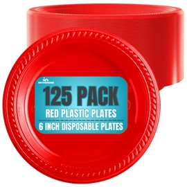 1InTheHome Red Party Plates, Red Dessert Plates, Disposable Plastic Plates, 6 Inch Diameter, 125 Pack