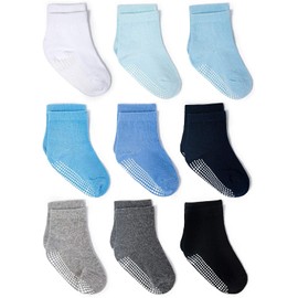 ZAPLES Baby Boys Non Slip Grip Crew Socks with Anti Skid Soles for Infants Toddlers Kids, Boys - 9 Pairs, 12-36 Months