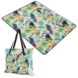 Kjovgcb Rectangle Picnic Mat, Outdoor Tote Waterproof Backing Handy Portable Blanket for Family Friends Camping Beach Yoga Hiking Print Toucan Birds Tropical Green Palm Trees Red Flowers
