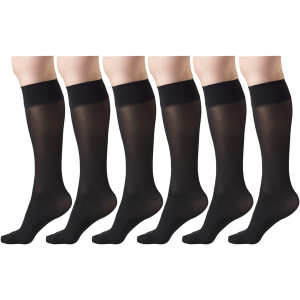 Sheer Compression Stockings, 8-15 mmHg, Women's Knee High Length, 20 Denier Black Medium (6 Pairs)