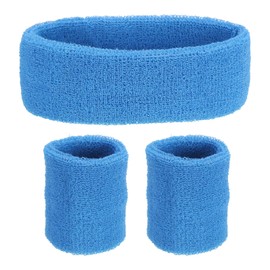 PATIKIL Sports Wristband and Headband Set 8x8cm Cotton Terry Cloth Sweat Band and 20x5cm Headband Sky Blue (1 Headband and 2 Wristbands)