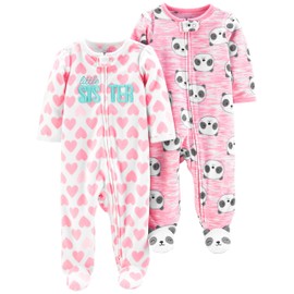 Simple Joys by Carter's Girls' 2-Pack Fleece Footed Sleep and Play, Little Sister/Pink Pandas, Newborn