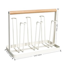 HAOYIJIA Cup Drying Rack, Non-Slip Bottle Drying Rack Space Saving with Wood Handle, Metal Mug Holder with Removable Draining Tray, Cup Drying Rack for Counter, Beer Glasses Rack with 6 Hooks, White