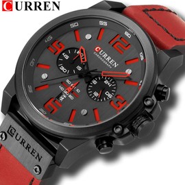 CURREN Chronograph Fashion Trend Multifunction Wrist Watch Waterproof Quartz Leather Strap Military Wrist Watch Black Red Luxury, black/red, Luxury