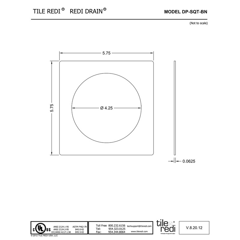 Tile Redi USA Square Drain Plate, Brushed Nickel, 5.75""" (DP-SQT-BN)