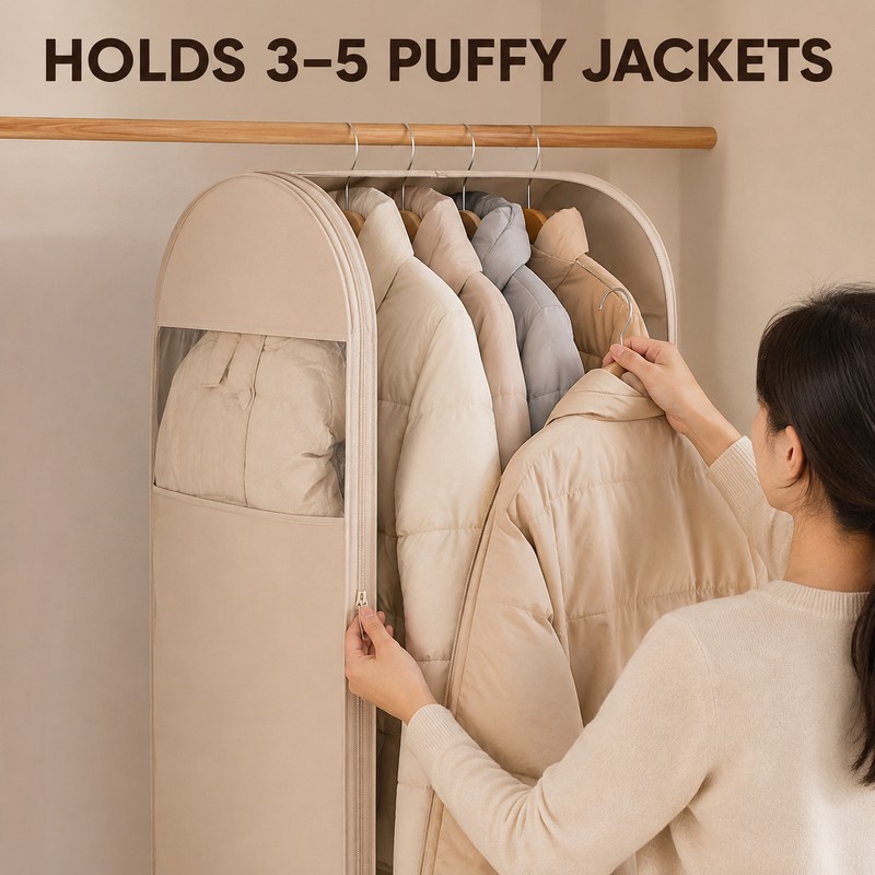 Beige Compression Hanging Garment Bag with Vacuum Seal and Clear
