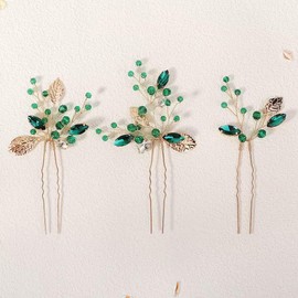 YUEKISEN Gold Leaf Green Crystal Hair Pins Bride Rhinestone Wedding Hair Pins Clips Crystal Hair Accessories for Women Bridesmaid Head Jewelry