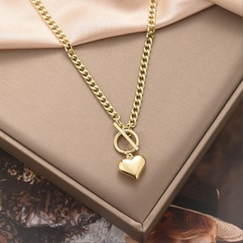 KOFISNI Chunky Gold Necklace for Women Non Tarnish 14K Gold Plated Layered Chrome Heart Necklace Stainless Steel Cuban Chain Link with Puffy Heart Pendant Trendy Punk Jewelry (Thin)