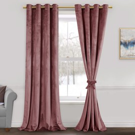 JIUZHEN Velvet Curtains 96 inches - Room Darkening Thermal Insualted Super Soft Velvet Textured Grommet Drapes for Living Room/Bedroom, 52W x 96L, Set of 2 with Tiebacks, Wild Rose