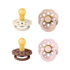 BIBS Boheme Soothers Pack of 4. BPA Free. Cherry Shape Nipple. Natural Rubber/Latex. Made in Denmark. Size 1 (0-6 months). Blush Mix
