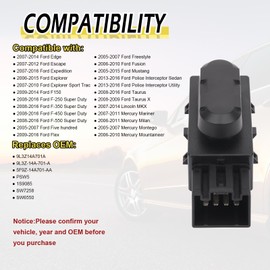 Vurkcy 6 Way Driver/Passenger Side Power Seat Adjustment Switch Fit for Ford, Lincoln, Mercury 2005-2016, W/Knob Cover, Replaces 5F9Z-14A701-AA, 9L3Z-14A701-A, PSW5