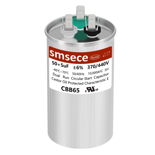 smseace 50+5uF ±6% CBB65 Capacitor MFD 370/440 VAC Dual Run