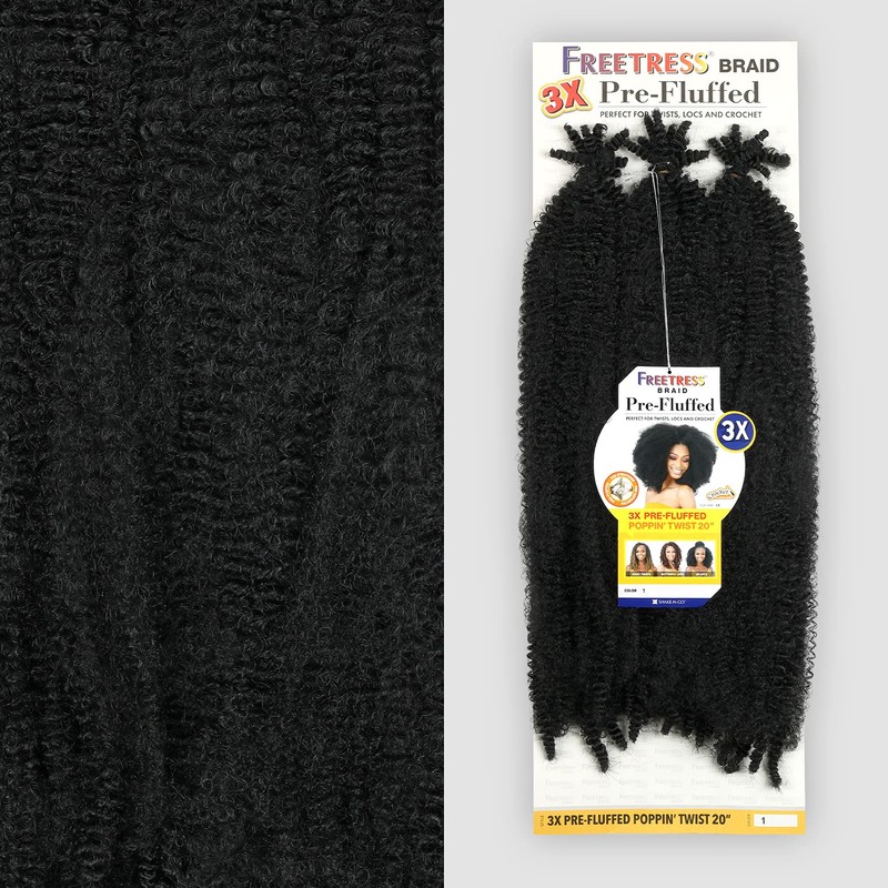 FreeTress Crochet Braids 3X Pre-Fluffed Poppin Twist 20" (5-PACK, 1B)