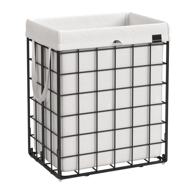 SONGMICS Laundry Hamper, 23.8 Gal (90L) Laundry Basket, Collapsible Clothes Hamper, Removable and Washable Liner, Metal Wire Frame, for Bedroom Bathroom, Black and White ULCB190W01