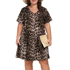NHAMME Women's Plus Size T-Shirt Dress V Neck Loose A-Line Button Up Casual Dresses with Pockets(Brown Leopard Animal Print,2X)