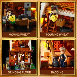 FUNWHOLE Medieval Water-Mill Lighting Building-Bricks Set - Middle Age Milling House Collection LED Light Building Construction Model Sets 1278 Pcs for Adults and Teen