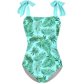 RAISEVERN Girls Swimsuit Cute Hawaiian One Piece Bathing Suit Size 8 Adjustable Tie-Up Strap Sleeveless Green Leaf Swimwear Size 9 Summer Beach Quick Dry Halter Swim Suit 8-9 Years