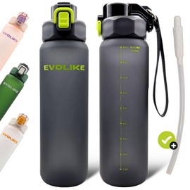 Evolike Water Bottle With Straw (Removable) Drinking Bottle 1 Litre Space Frosted Design Leak-Proof BPA-Free Non-Slip Bottle With Pop-Up Lid (Grey)