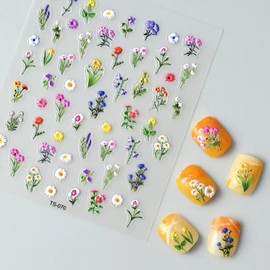LLAOIMB Multicolor Floral 5D Embossed Nail Stickers, 1 Sheet, Spring/Summer Nail Art Stickers & Decals for Women