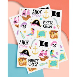 xo, Fetti Pirate Crew Temporary Tattoos - 48 Gold Foil Pcs | Birthday Accessory, Girl Treasure Hunt Decorations, Kids Ahoy Party Favor, Cute Pink Activity