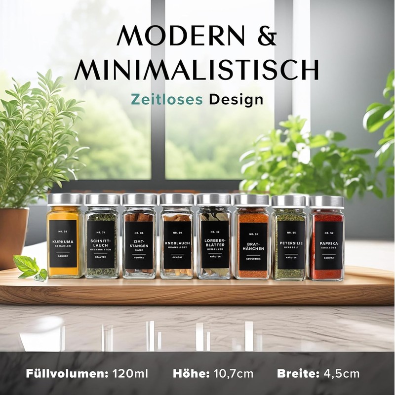 Glass Spice Jars with Labels and Steel Lids (24 x
