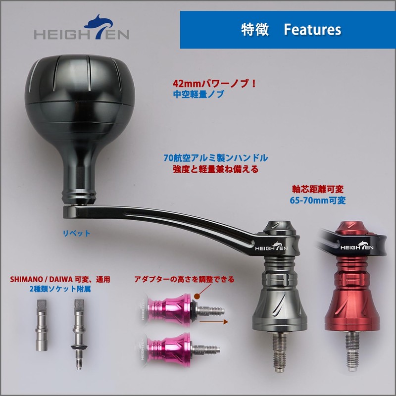 HEIGHTEN Adjustable 2.6-2.8 inches (65-70 mm) Reel Handle with 1.4