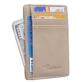 Travelambo Front Pocket Minimalist Leather Slim Wallet RFID Blocking Medium Size(Khaki)