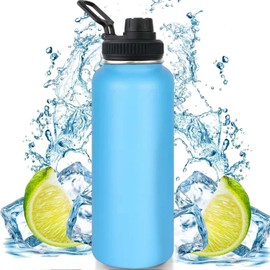 1100ML Botella Térmica，Hisemy Termo de Acero Inoxidable sin BPA，100% a prueba de fugas, aislamiento de doble pared，para Agua Fría (24 horas) o Caliente (12 horas) Azul
