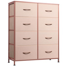 WLIVE Fabric Dresser for Bedroom, Tall Dresser with 8 Drawers, Storage Tower with Fabric Bins, Double Dresser, Chest of Drawers for Closet, Playroom, Dormitory, Pink and Rose Gold