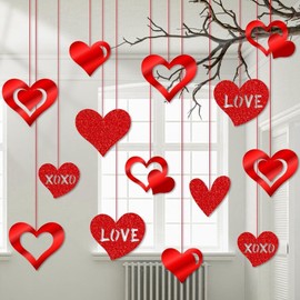 16 Packs Valentines Day Decorations Red Hollow Hearts Hanging String Garland Streamer for Engagement Anniversary Bridal Shower Wedding Bachelorette Party Decor Double Sided Metallic Love Hearts Swirl
