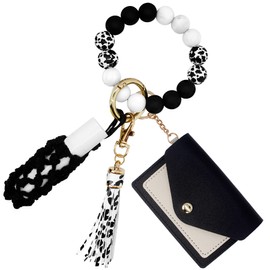 BIHRTC Silicone Beaded Bangle Key Chain Wallet Keychain Bracelet Wristlet with Wallet Card Holder Pocket Net Chapstick Holder Tassel Keychain Bangle Key Ring for Women Girls Keyring