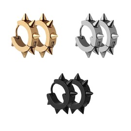 YUNXI 3 Pairs Punk Style Stainless Steel Spike Hoop Earrings Stud Earrings Set for Men Women, Statement Jewelry (Black+Silver+Gold)