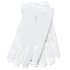 Girls' First Communion Gloves, White Satin with Crystal Cross Detail (White, 7-10 Years (7"))