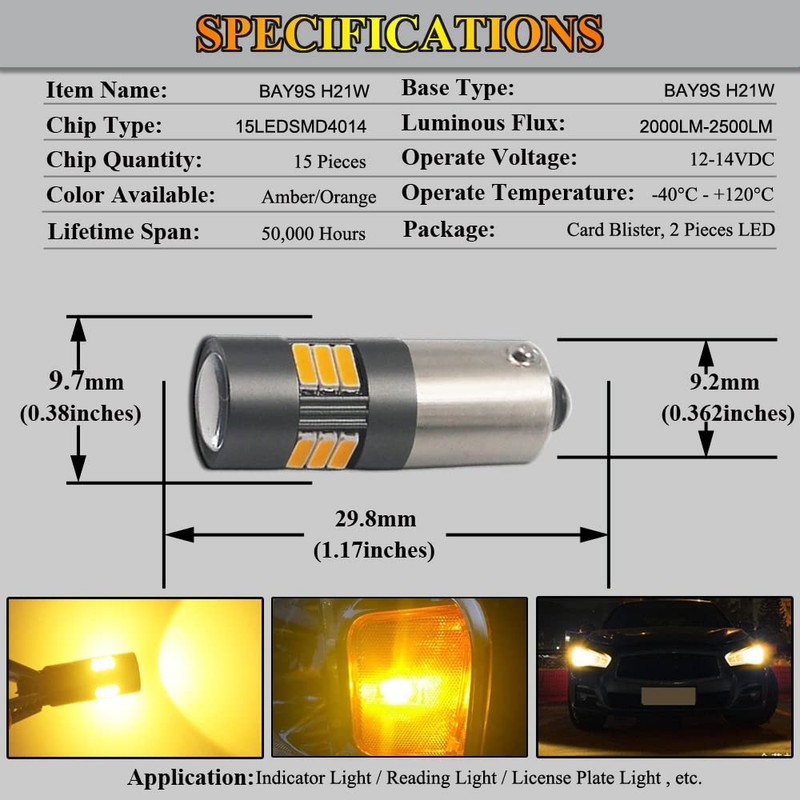 Eluseastar BAY9S H21W LED Bulbs Amber High Power 4000LM Extremely