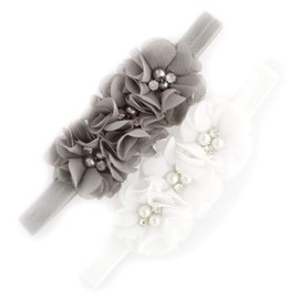 My Lello Girls Flower Headbands Toddler Fabric Beaded Trio Stretchy Elastic Pair (White/Gray)