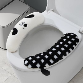 Plush Toilet Seat Cover for U/O/Y Shape, Cute Dog Smile, Black White Checkered Bathroom Mat, Soft Warm Thick Pad, Non-Slip Washable Universal Fit, Cozy Winter Toilet Cushion, Easy Install Handle