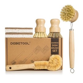 DEBETOOL 6-Piece Bamboo Dish Brush Set with Coconut Sponge | Wooden Dish Brush with Natural Sisal & Palm Fiber, Multi-Surface Kitchen Scrub Brushes fo