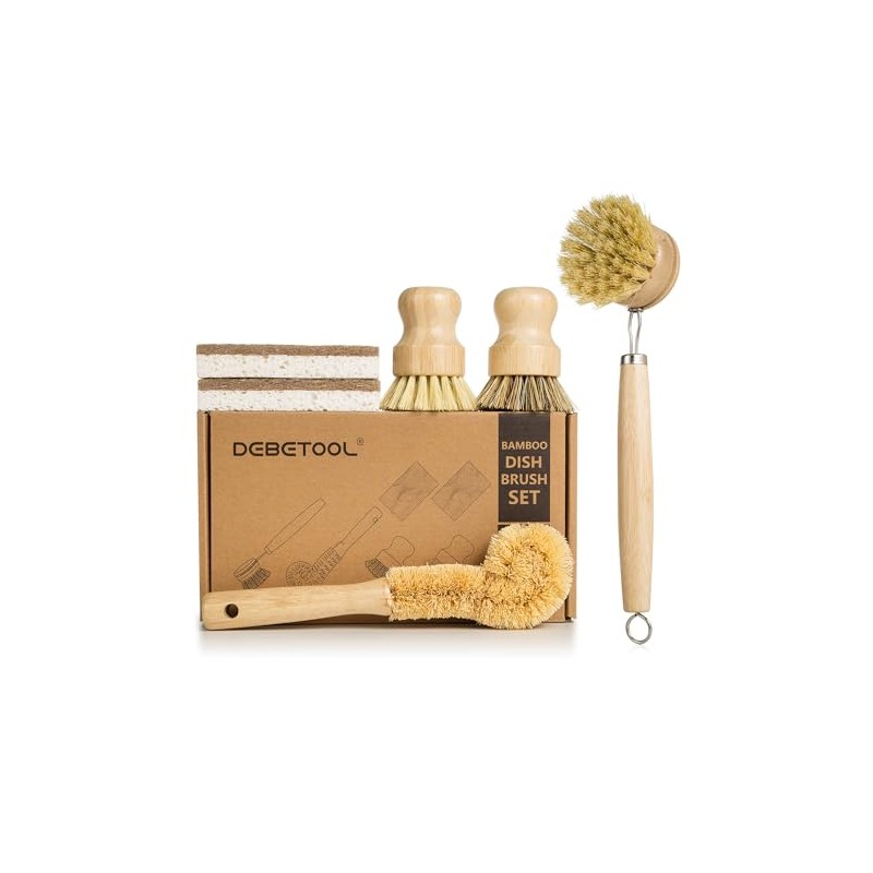 DEBETOOL 6-Piece Bamboo Dish Brush Set with Coconut Sponge |