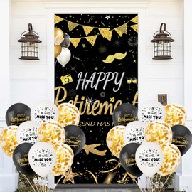 EULAPGOE Retirement Party Decorations for Men Happy Retirement Sign Door Cover Banner with Black Gold Retirement Balloons for Men Women Retirement Farewell Party Supplies