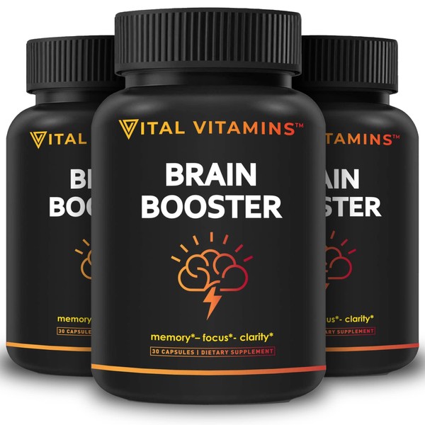 Vital Vitamins Brain Booster (3-Pack) - Memory, Focus, & Concentration - Nootropics Brain Support Supplement - for Adult Men & Women - w/Ginkgo Biloba, DMAE, Vitamin B12 - Energy Supplements