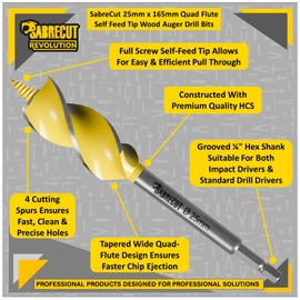 1 x SabreCut SCAG025 25mm x 165mm Wood Auger Quad Flute Self Feed Tip Grooved Hex Shank Drill Bit for High Speed Drilling in Wood and MDF