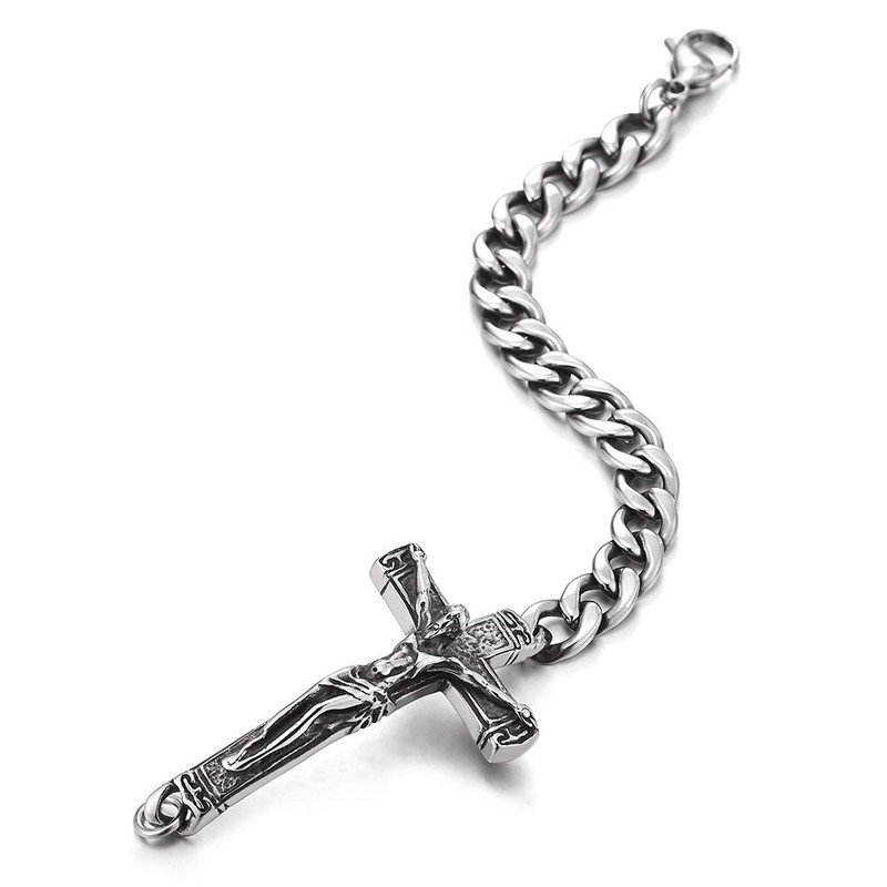 COOLSTEELANDBEYOND Mens Steel Vintage Jesus Christ Crucifix Horizontal Sideway Lateral