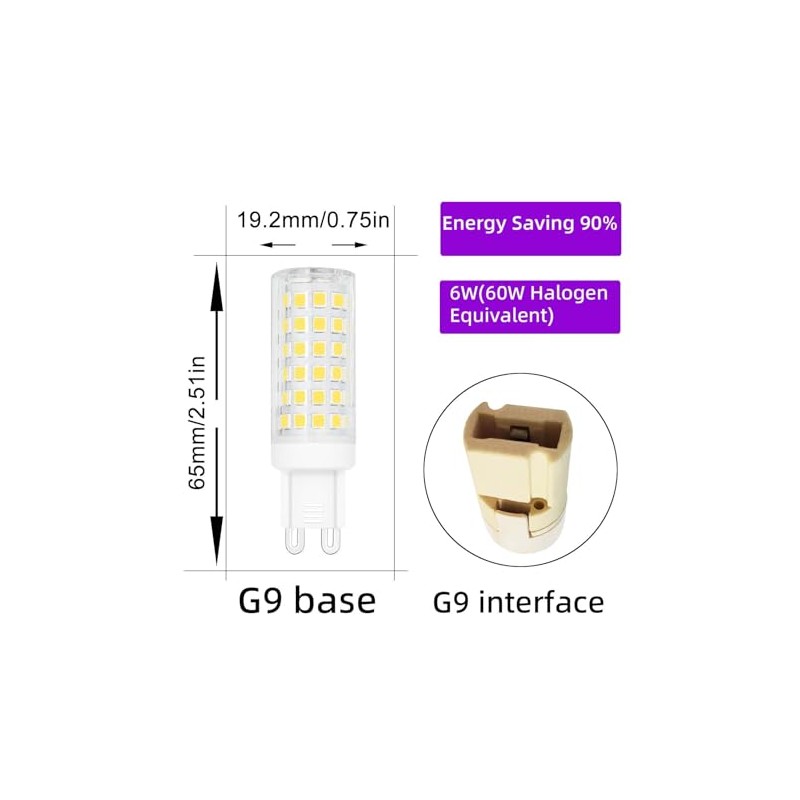 DAPSHU 6 Pack G9 Led Light Bulb 6W Equivalent 60W