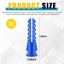 Glooglitter 500 Pieces Ribbed Plastic Anchors 8-10-12 X 1-1/4 Inch Drywall Anchors for Hollow Walls Pictures Artwork Decor Light Duty Anchoring Application (Blue)