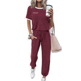 Amkoyam Women's Two Piece Outfits 2025 Summer Short Sleeve Tops With Drawstring Long Pants Tracksuit Jogger Lounge Set(Dark Wine Red,Medium)