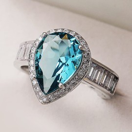 DCFSHEE Fashion Waterdrop Pear Shape Cut Aquamarine Gemstone & Baguette CZ Zircon Promise Rings, Bridal Eternity Engagement Wedding Jewelry, US size 8, Zirconia,Copper,Gemstone,Metal,Silver