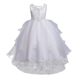 Flower Girls Beaded Applique Embroidered Ruffles Lace Junior Bridesmaid Dress Floor Length Wedding Pageant Party Formal Princess First Communion Boho Retro Tulle Evening Dance Ball Gown 03#White 4-5